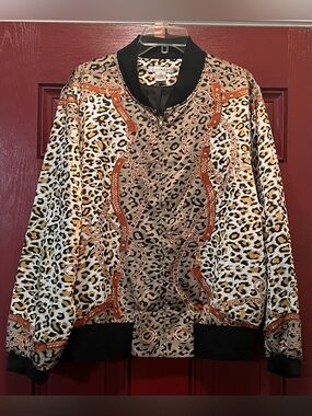 WD.NY Leopard Print Bomber Jacket with Brown Chain Detail